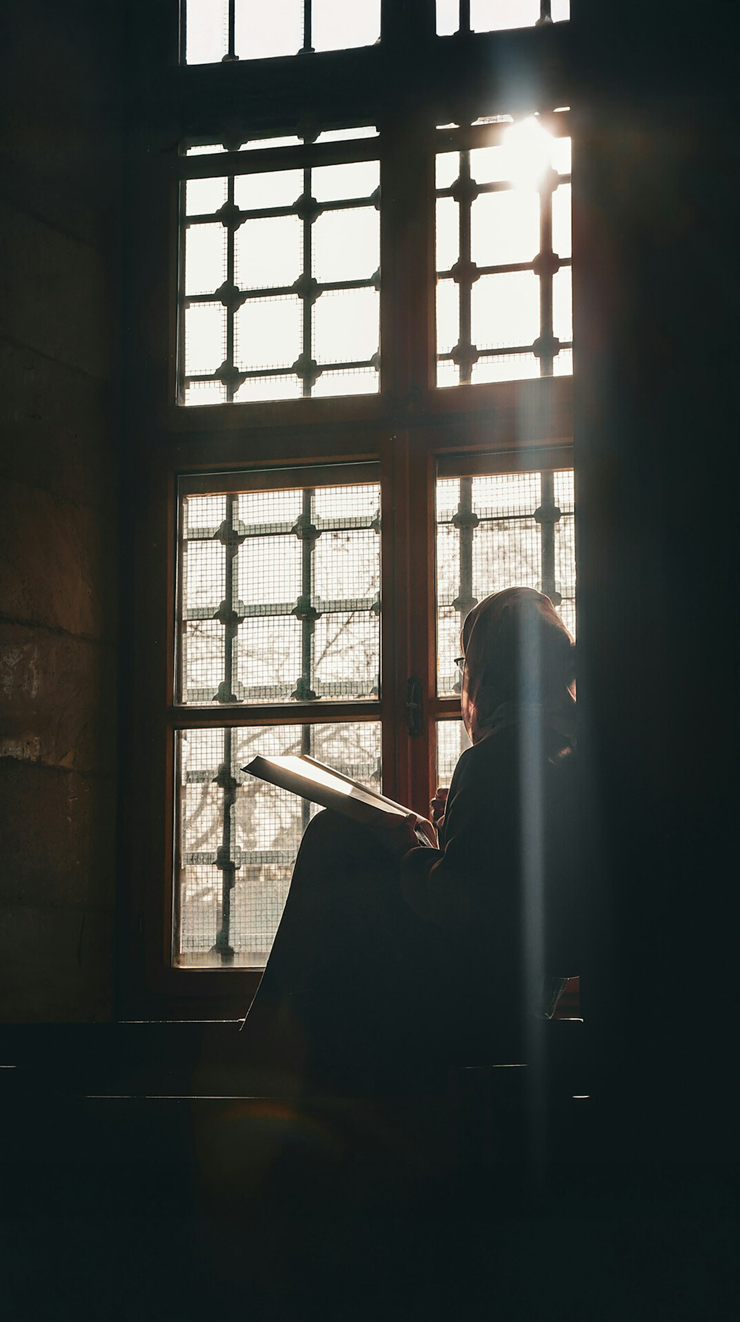 person reading old book by window