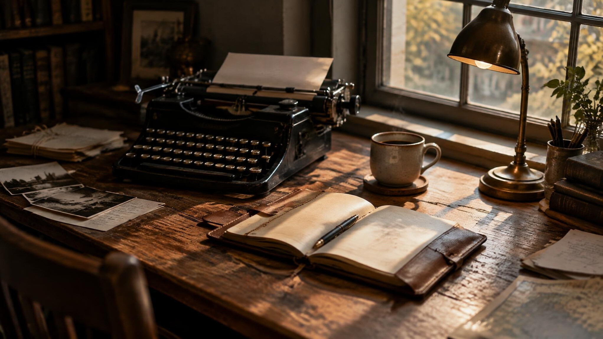 Wooden writing desk with a typewriter, notebook and coffee cup near a window