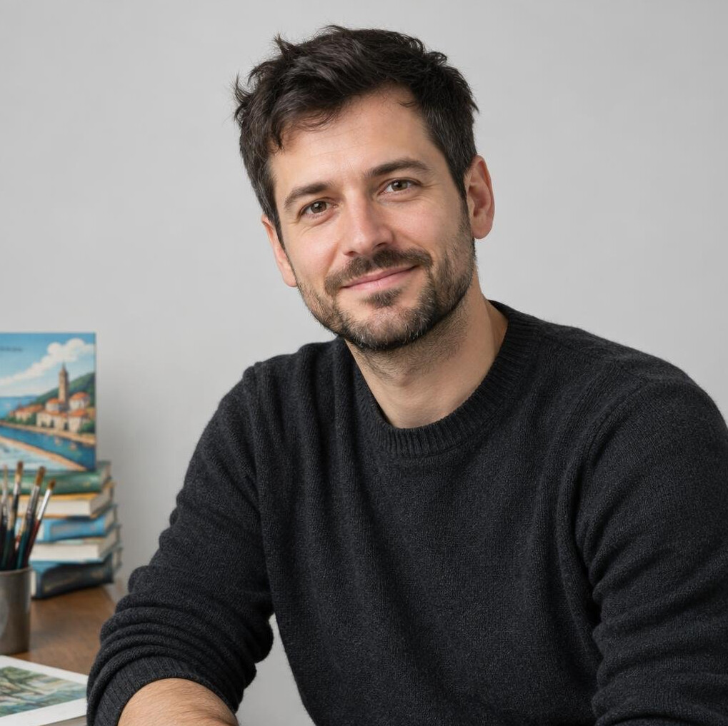 Studio portrait of a Croatian male illustrator in his thirties with a beard