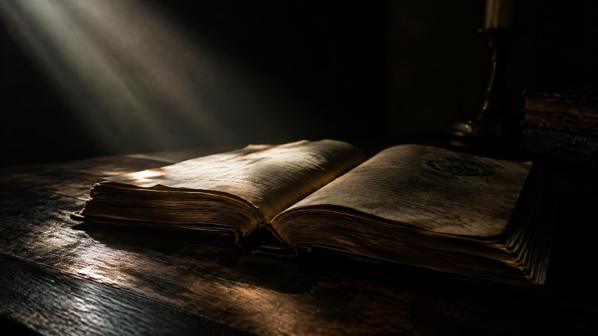Close-up of an old open book with dramatic shadow lighting